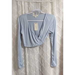 No Comment NY-LA Light Blue Surplice Wrap Long Sleeve Crop Top NWT Large